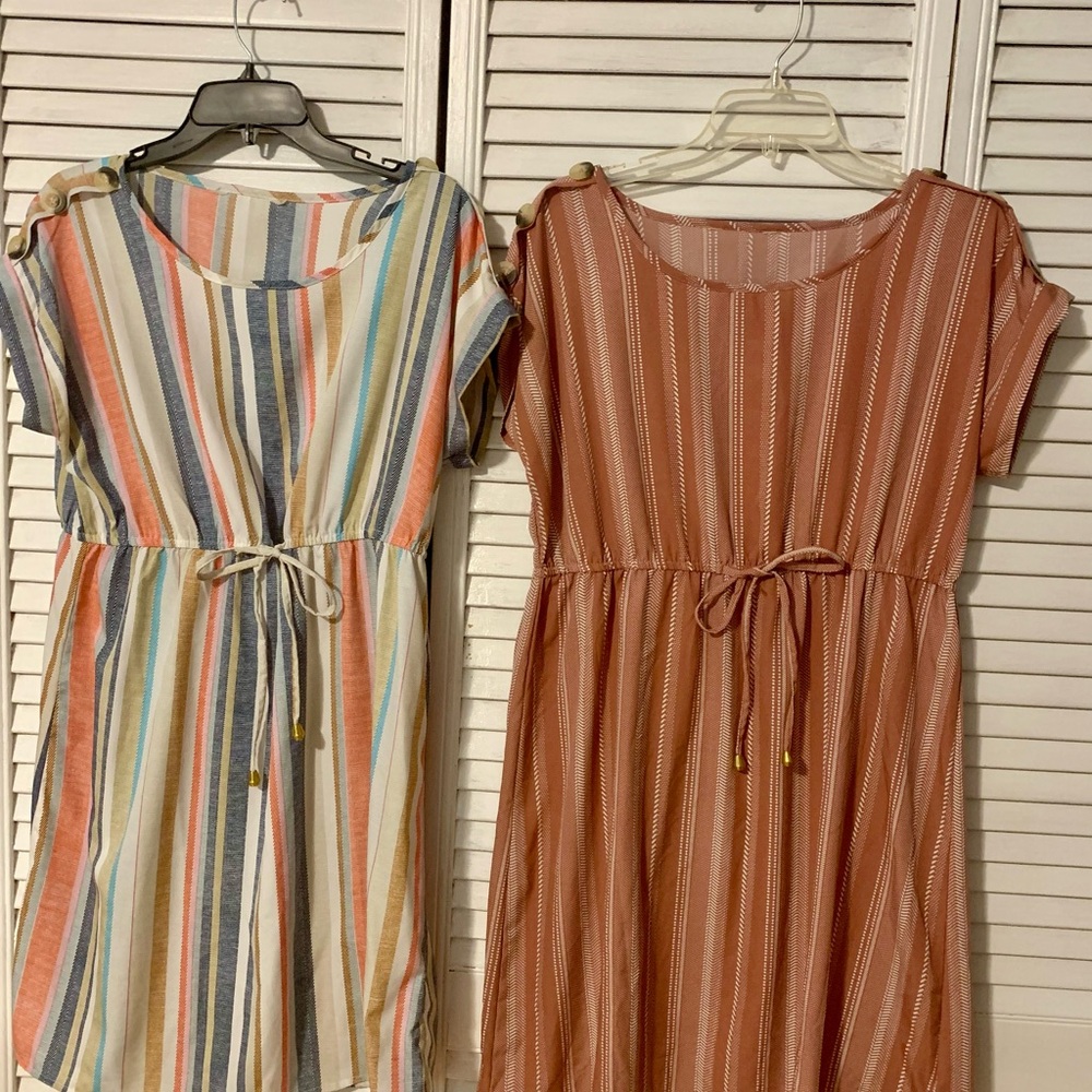 Striped Short Sleeve Dresses with Elastic Waists and Ties
